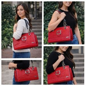 Rosetti Red Croc-Embossed Shoulder Bag with Chain Strap